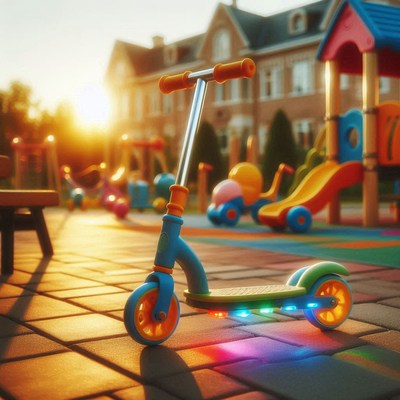 A blue scooter sits in a playground at sunset