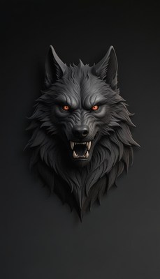 A snarling wolf sculpture against a black background