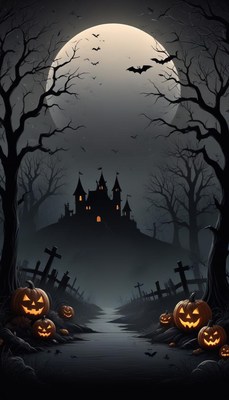A spooky halloween scene with a castle, pumpkins, and bats