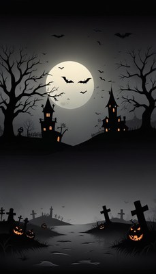 Haunted houses sit beneath a full moon on halloween night