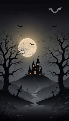 A spooky castle sits on a hill under a full moon