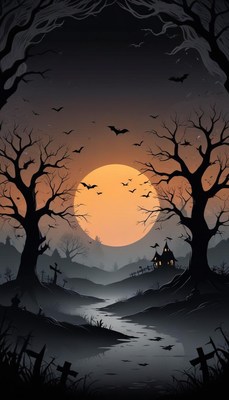 Spooky halloween: full moon, bats, haunted house