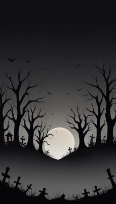 A full moon hangs over a spooky graveyard