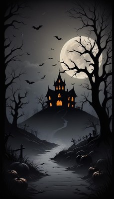 A haunted house sits on a hill under a full moon