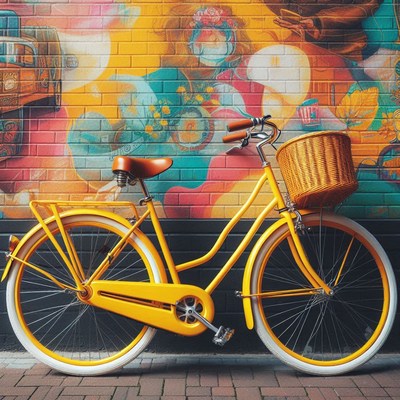A yellow bicycle sits against a colorful brick wall