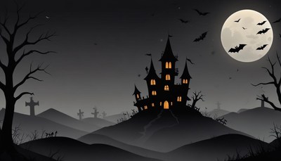 A haunted house sits on a hill under a full moon
