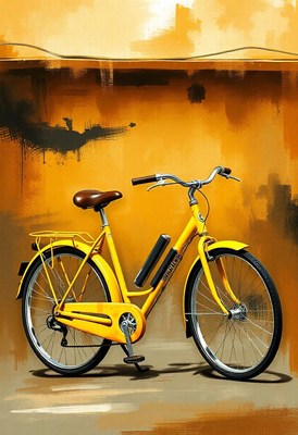 A yellow bicycle sits against a wall