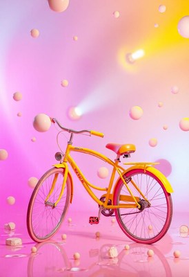 Yellow bike on a pink floor with white orbs