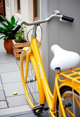 A yellow bicycle is parked near a building