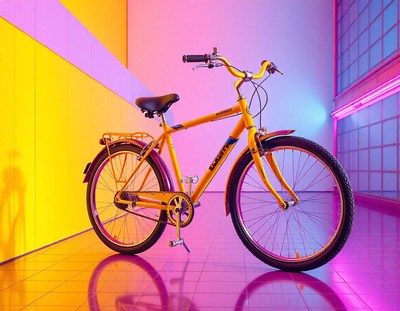 A yellow bicycle sits in a brightly lit hallway