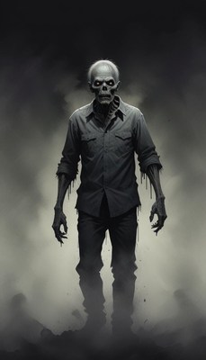 A zombie walks through the fog