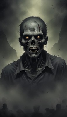 A zombie stares ahead in a dark, foggy landscape