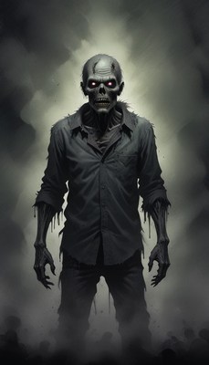 A zombie stands in a dark, foggy area
