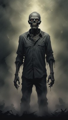 A zombie stands in a foggy field