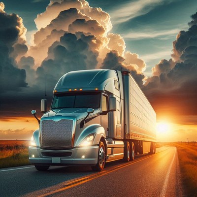A semi-truck drives down a highway at sunset