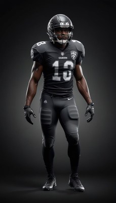 A football player stands in a black uniform