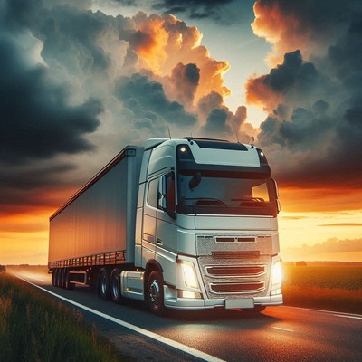 A white semi-truck drives down a road at sunset