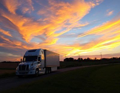 A white semi-truck drives on a rural road at sunset