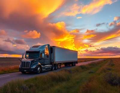 A semi-truck drives down a road at sunset