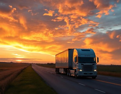 A semi-truck drives on a highway at sunset
