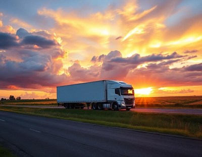 A white semi-truck drives on a highway at sunset
