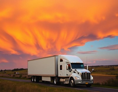 A white semi-truck drives down a highway at sunset