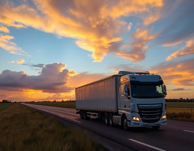 A semi-truck drives on a highway at sunset
