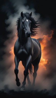 A black horse runs through a smoky field