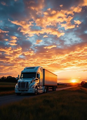 A semi-truck drives down a road at sunset