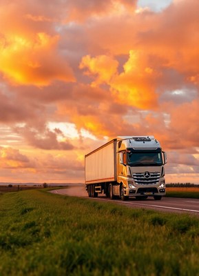 A semi-truck drives down a rural road at sunset