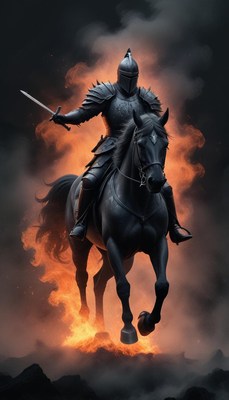 A knight rides a black horse through flames
