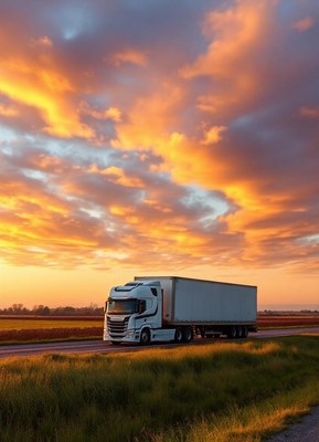 A semi-truck drives on a rural road at sunset