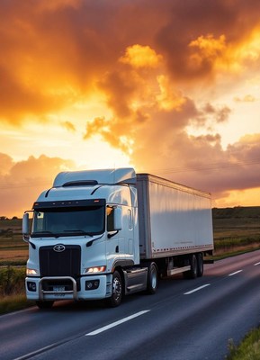 A white semi-truck drives down a highway at sunset