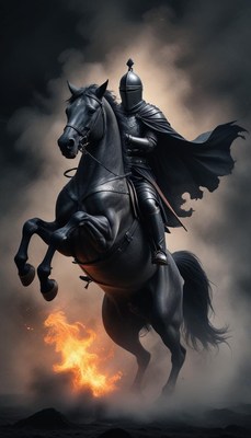 A knight rides a black horse through flames
