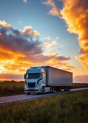 A white semi-truck drives down a highway at sunset