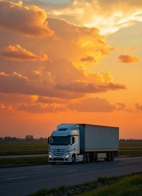 A white semi-truck drives on a highway at sunset