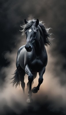A black horse runs through a field of dust
