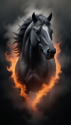 A black horse with a white blaze stands amidst flames