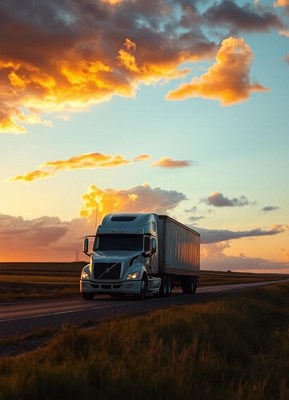A semi-truck drives on a highway at sunset