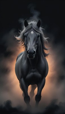 A black horse runs through the mist