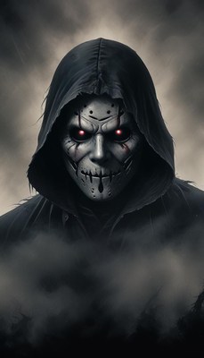 A hooded figure with a white mask stares intensely