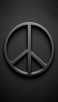 A black peace symbol on a dark background