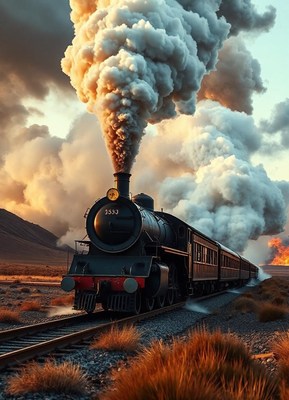 A vintage steam locomotive chugs through a desert landscape