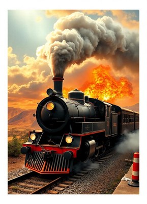 Black steam train rides through desert at sunset