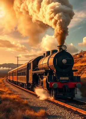 A steam train travels through the sunset countryside
