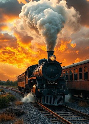 A steam engine train chugs along a track at sunset