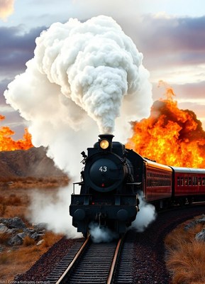 A steam engine train travels through a desert landscape