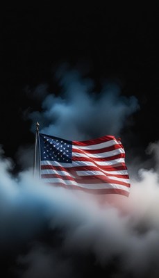 An american flag waves in the clouds
