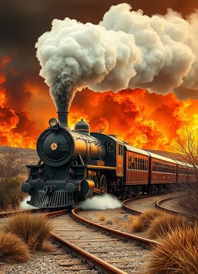 A steam engine train travels through the desert