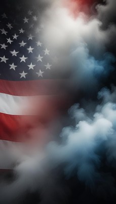 An american flag with smoke in the background